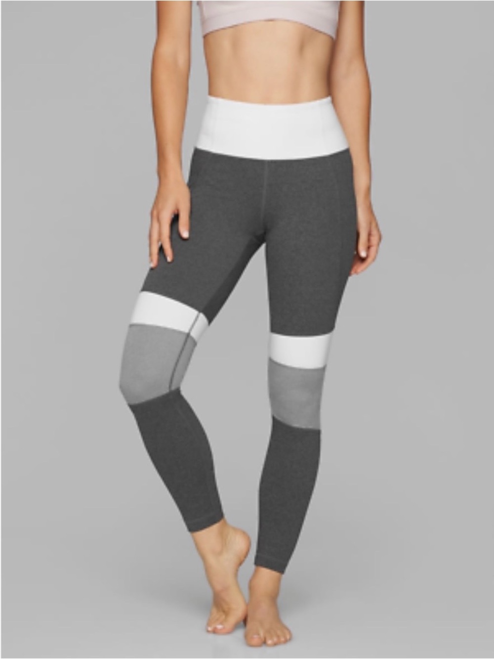 Athleta Modblock High-Rise Salutation Tights with Pockets, Gray and White, Large